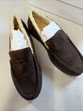 Brown Suede Shearling-Lined Slip-On Loafers